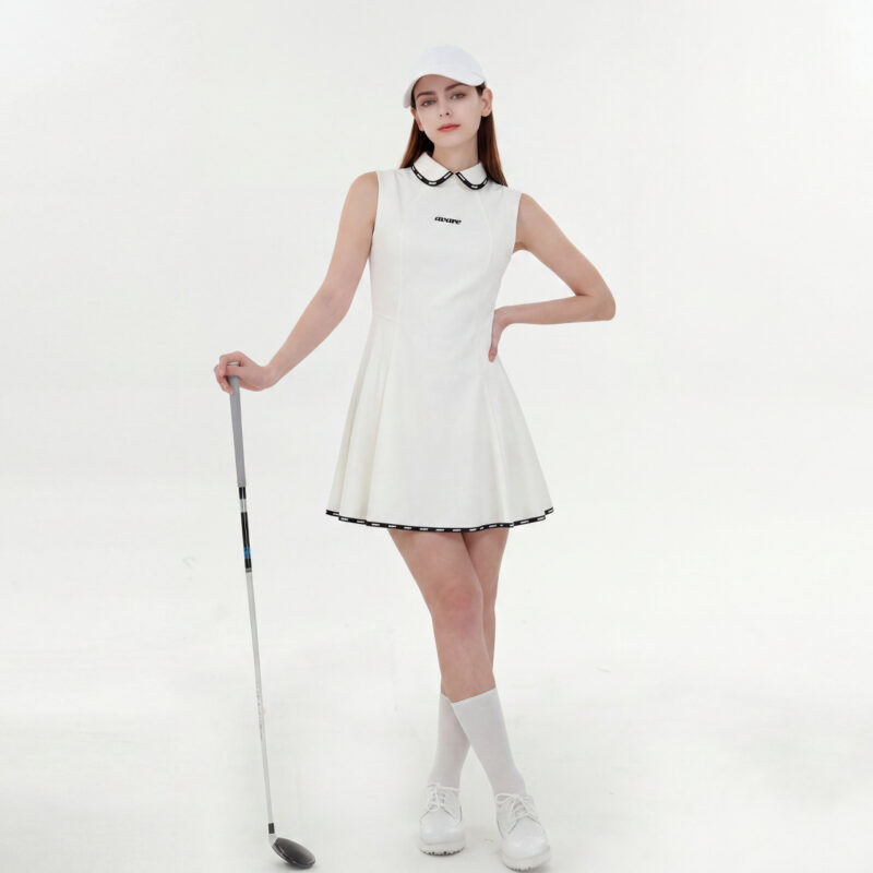 ライン襟ノースリーブ フレアミニワンピース